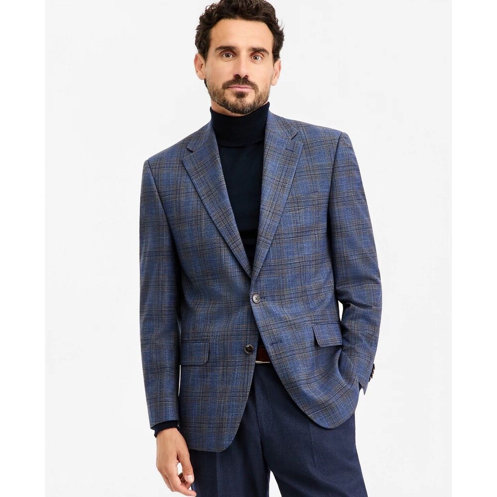 $325 NEW MICHAEL KORS MENS 44L BLUE/BROWN PLAID BLAZER SPORT COAT SUIT JACKET